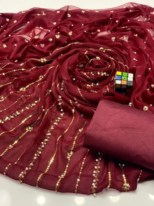 New Heavy Embroidery pearl With Beats Indian Chiffon Banarsi Collection